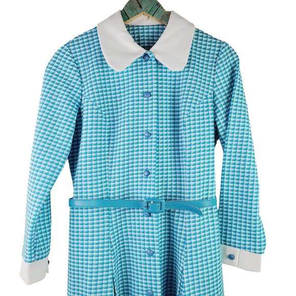 VTG 60s Jean-Ann's ILGWU Cyan Blue Career Houndstooth Print Shirt Dress, 14, NWT - Picture 3 of 9